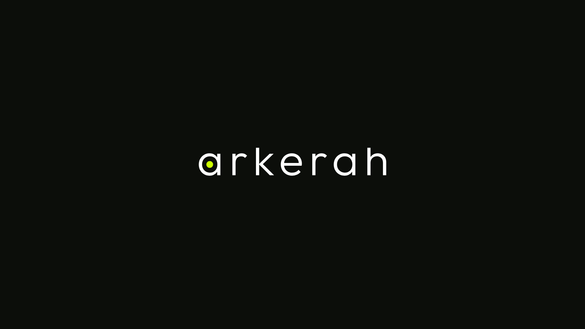 The last frame of Into the word: the arkerah wordmark in white letters with a lime dot in the first a, on a near black ground